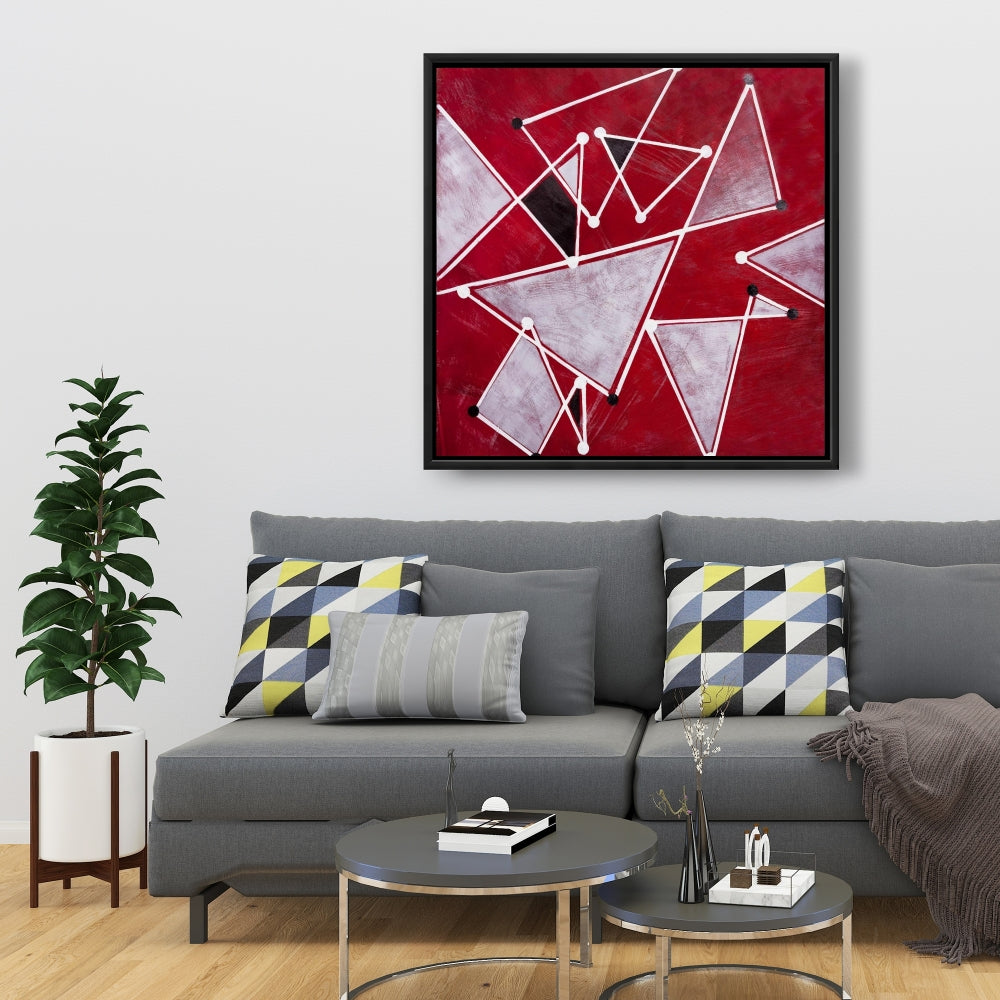 Art de bureau contemporain | Triangles blancs sur toile rouge