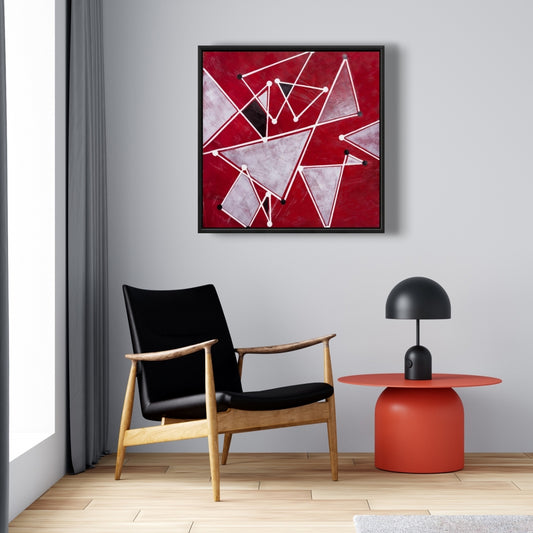 Art de bureau contemporain | Triangles blancs sur toile rouge