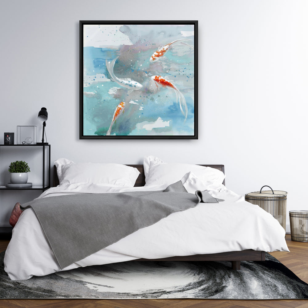 Koi Fish in Blue Water Framed Canvas | Home Decor Art