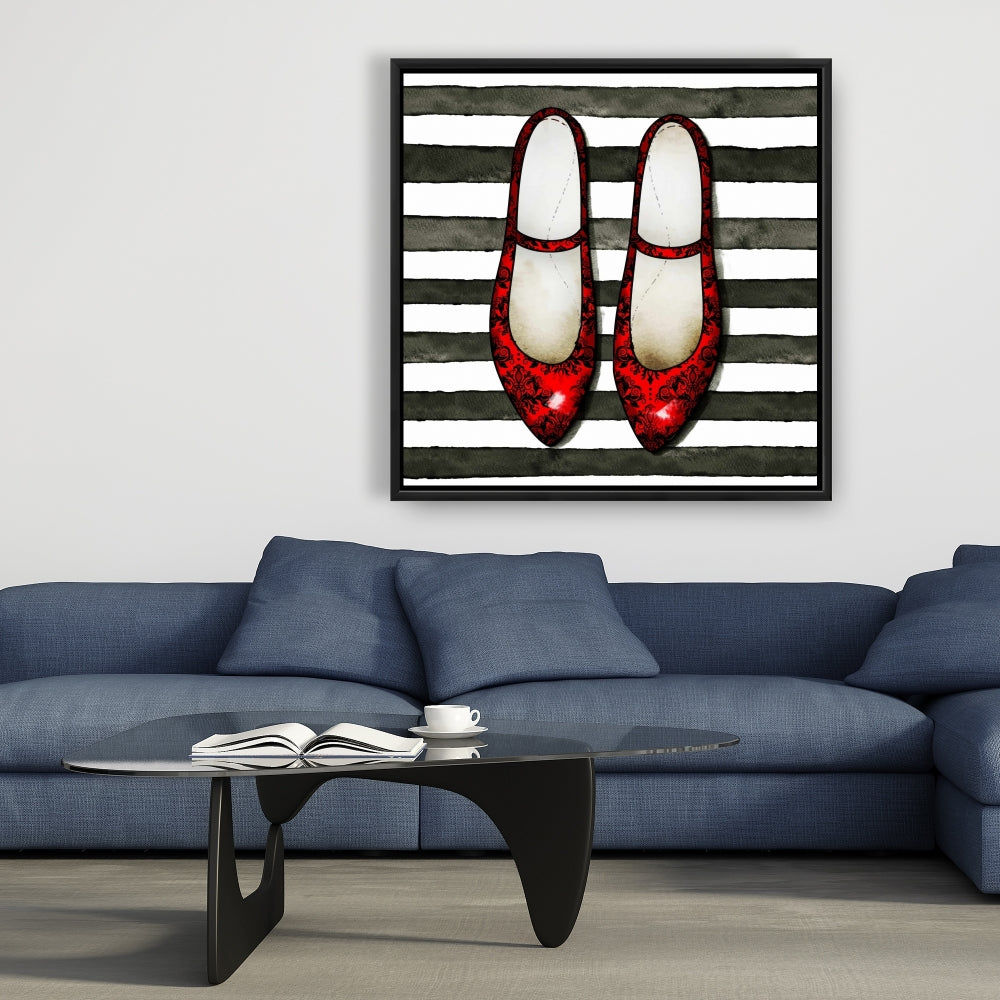 Toile rouge brillante avec chaussures | Décoration de chambre à fond rayé