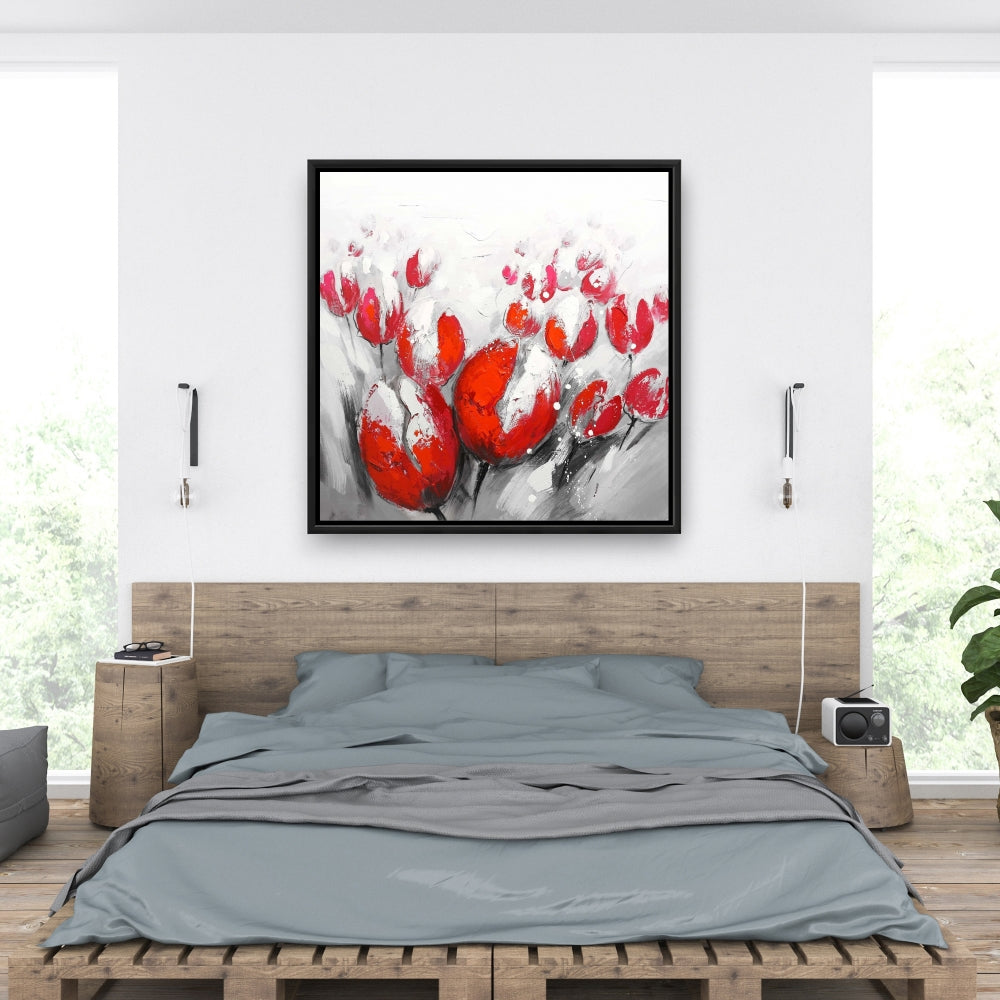 Toile Tulipes rouges | Décoration de chambre contemporaine avec cadre blanc