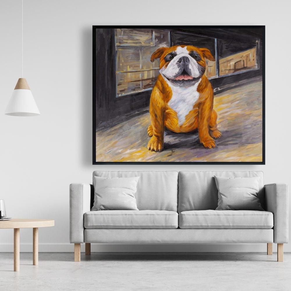 Smiling Bulldog Framed Canvas | Brown Animal Bedroom Decor