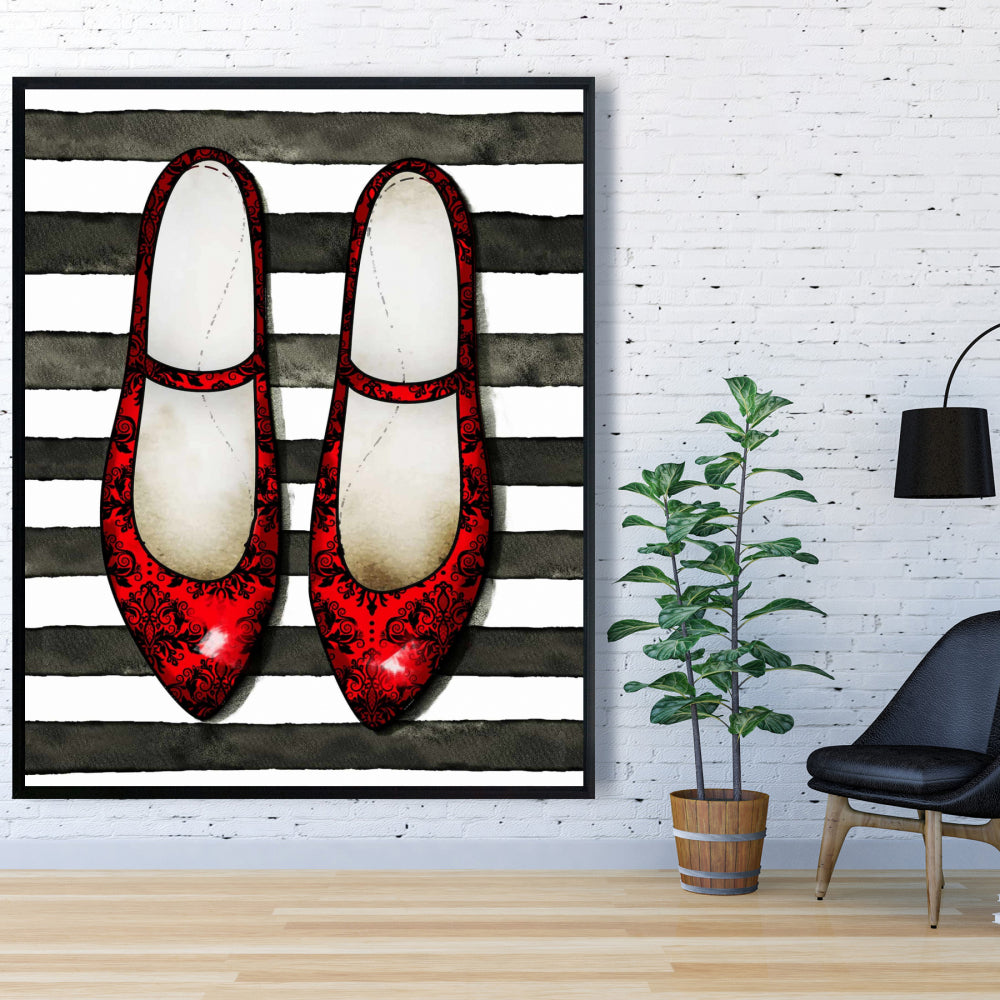 Toile rouge brillante avec chaussures | Décoration de chambre à fond rayé