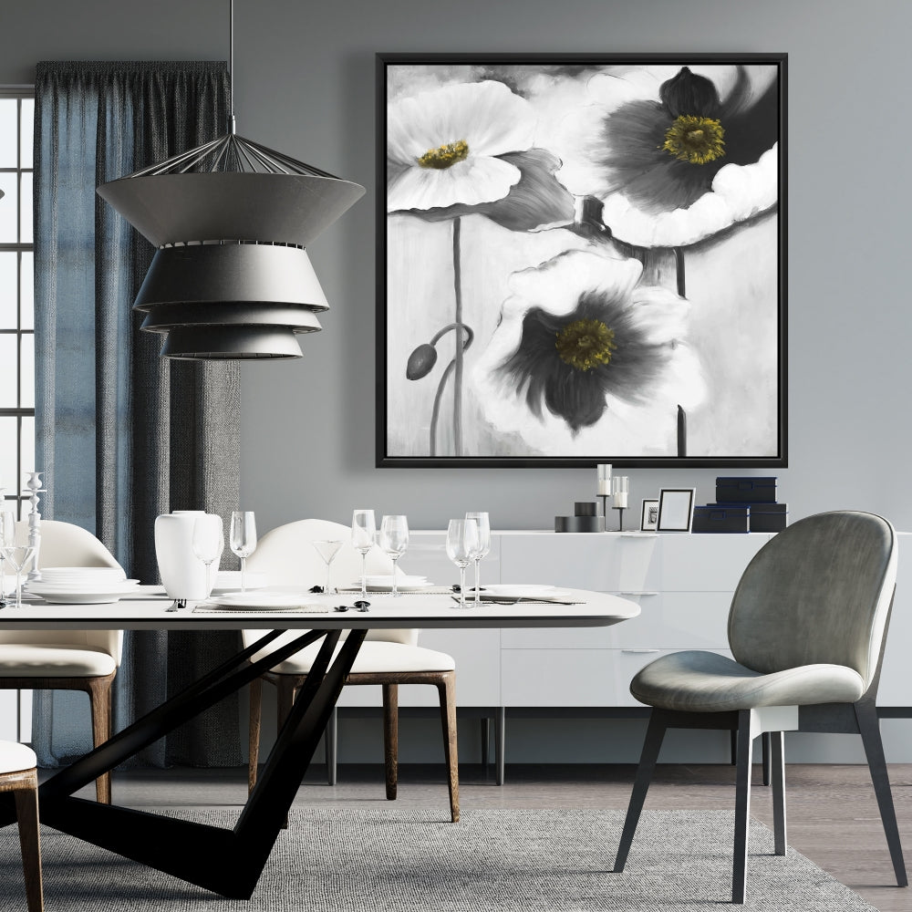 Black and White Flowers Framed Canvas - Botanical Home Decor
