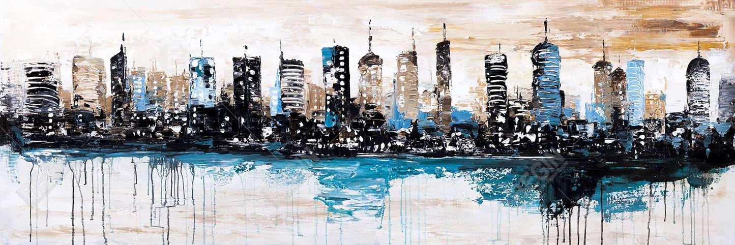 Toile de chambre industrielle bleue – Décor de bâtiments à l'horizon