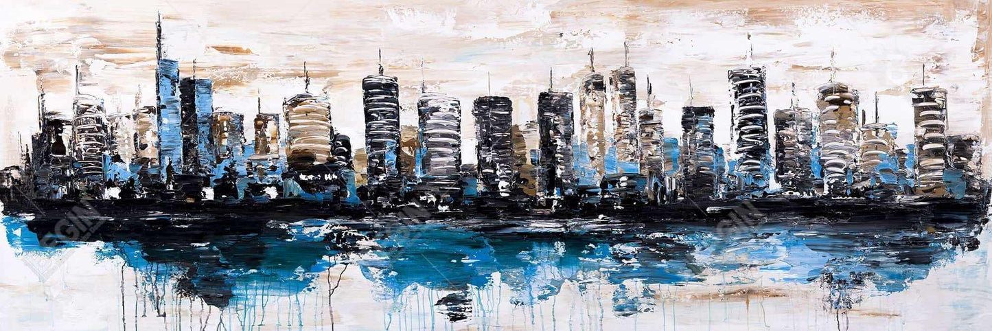 Ville abstraite sur l'eau – Toile encadrée bleue | Décoration d'intérieur