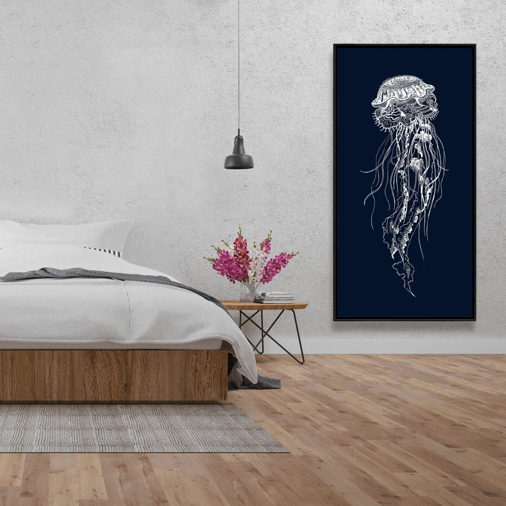 Detailed Jellyfish Canvas | Blue Framed Bedroom Wall Art