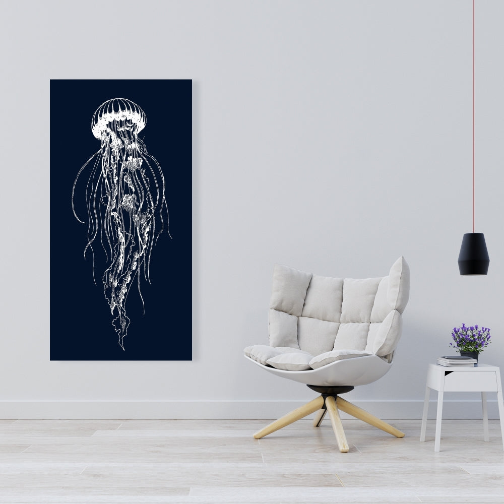 Illustration de méduse blanche | Décoration d'intérieur sur toile bleu marine