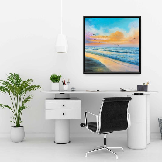 Toile de chambre bleu côtier | Décoration murale coucher de soleil tropical