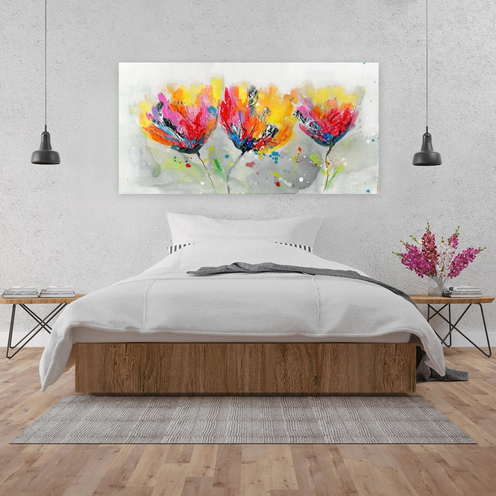 "Floral & Botanical Gray Canvas - Four Colored Flowers Decor"