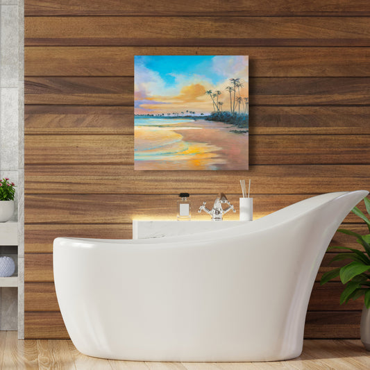 Toile bleue « Coucher de soleil au bord de la mer » | Décoration d'intérieur avec arbres