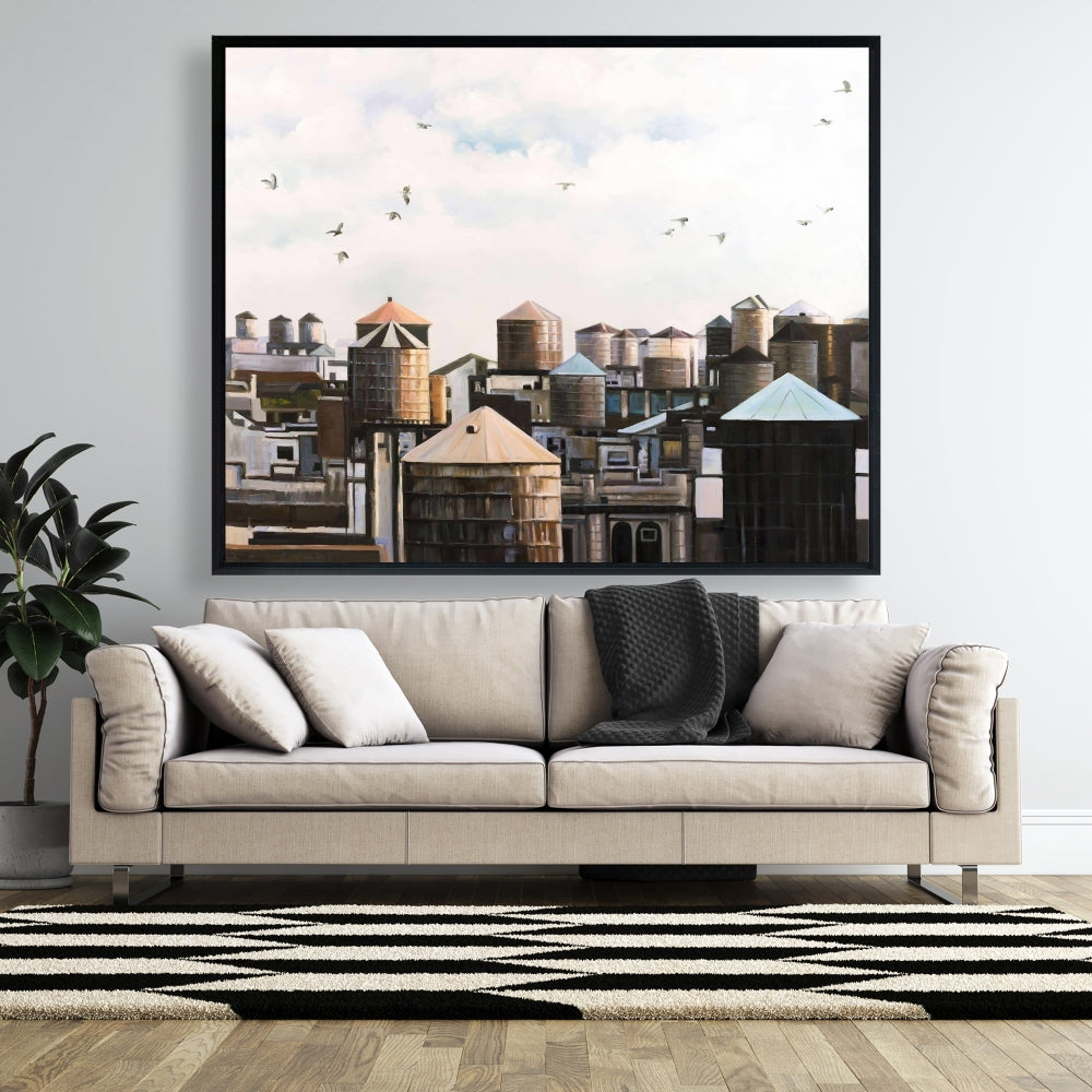 Blue Framed Canvas - Water Towers with Birds | Home Decor