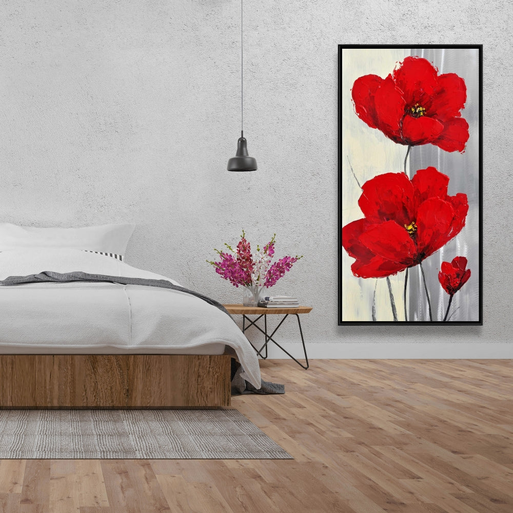 Red Flowers on Gray Canvas | Floral & Botanical Home Decor