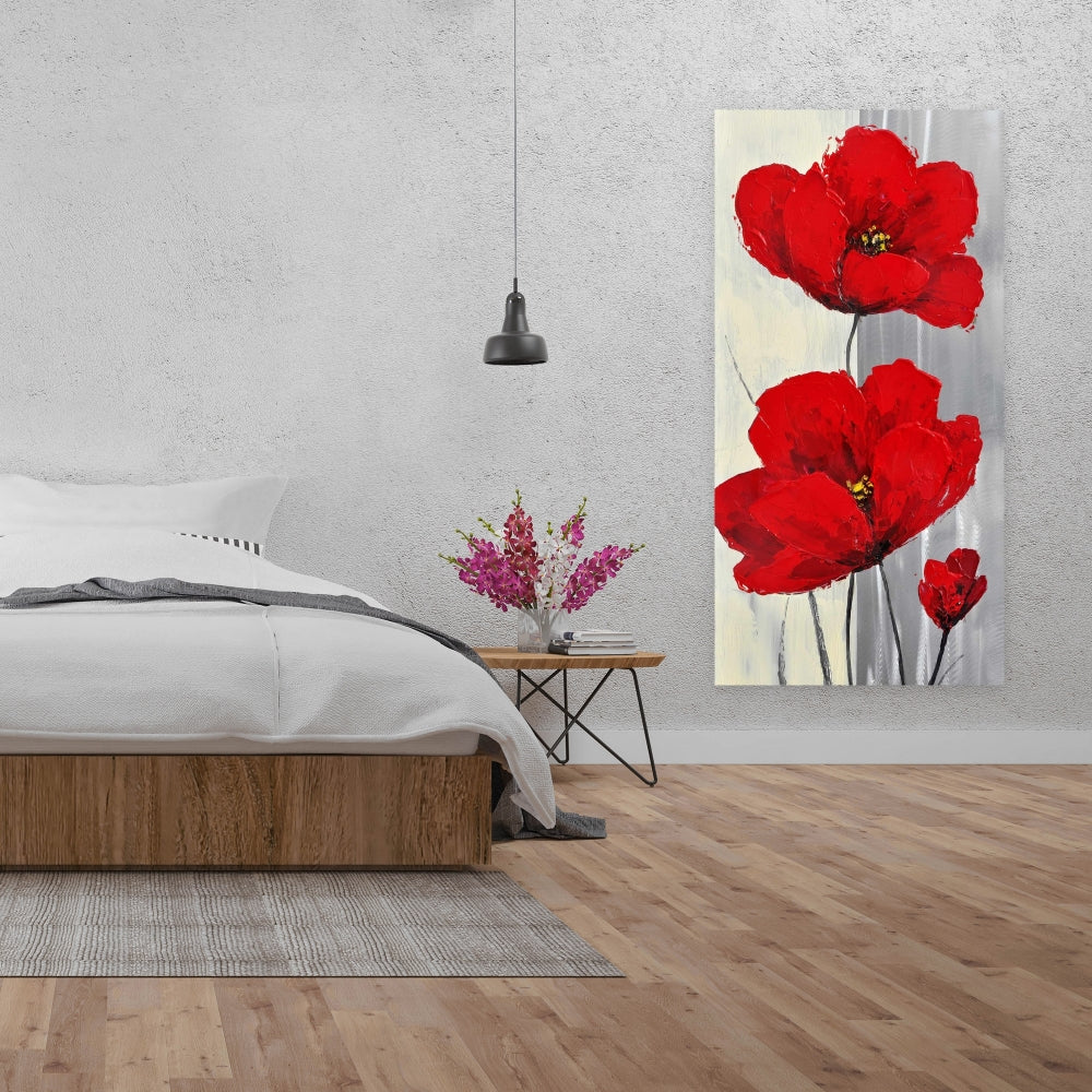 Red Flowers Canvas | Gray Background | Modern Bedroom Decor