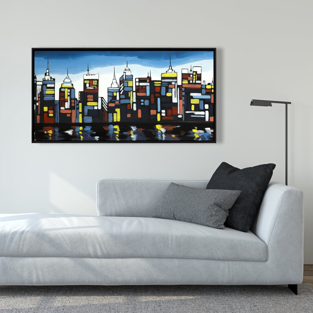 Colorful Skyline Framed Canvas | Building Cities Bedroom Decor