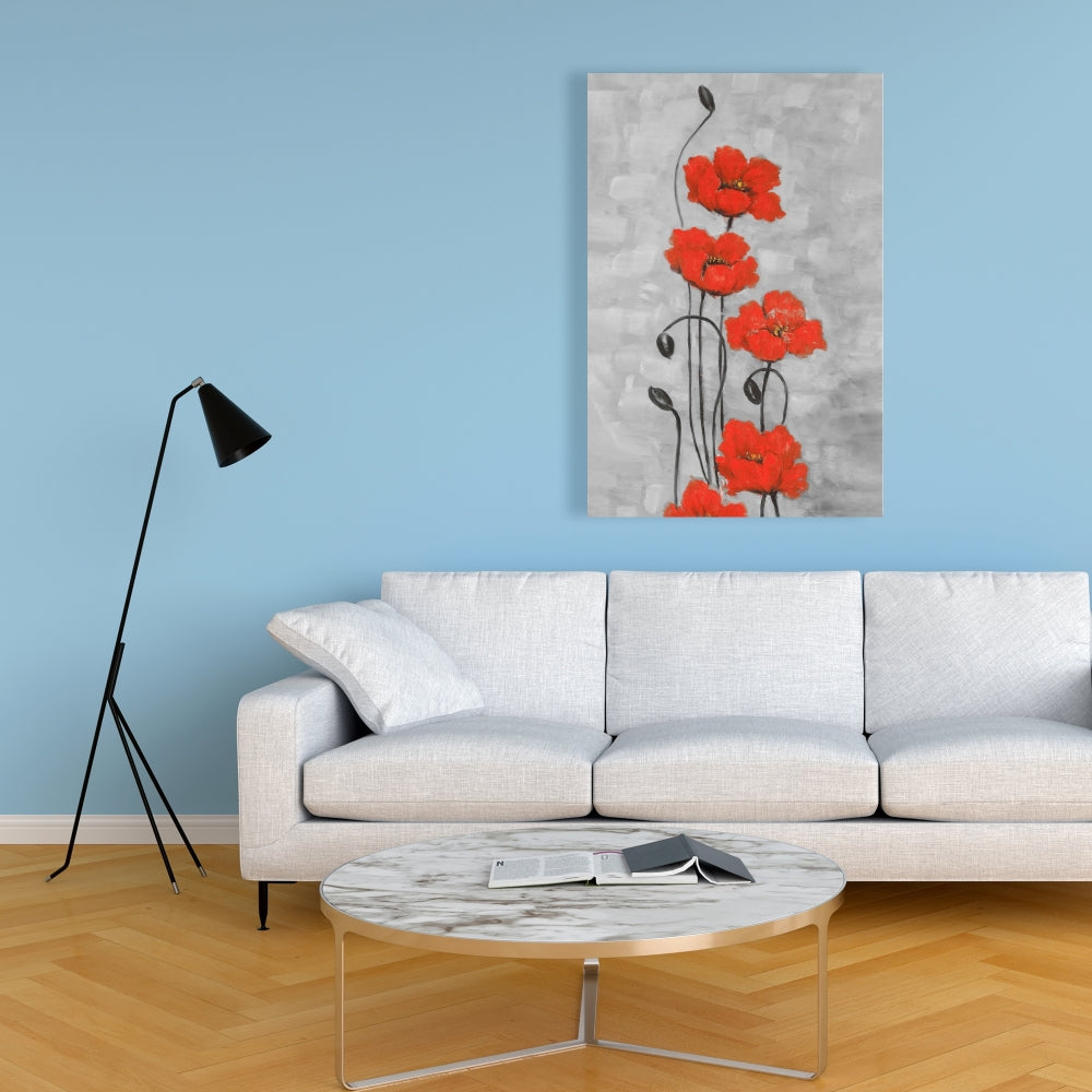 Toile botanique grise à grandes fleurs rouges - Décoration murale