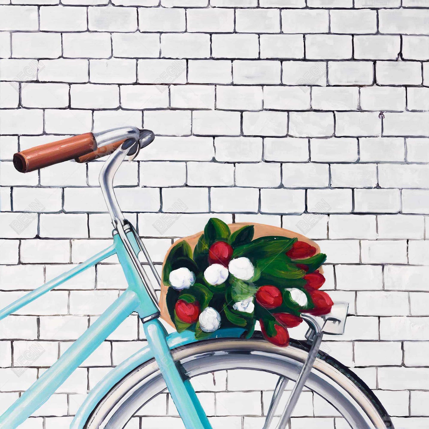 Bicycle with Tulips Canvas | Blue Bedroom Decor | Hobbies Art