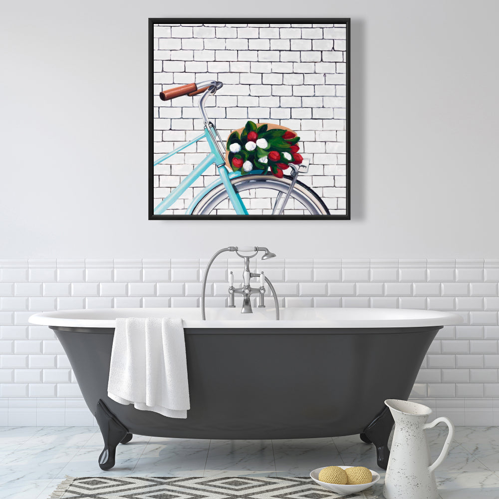 Bicycle with Tulips Canvas | Blue Bedroom Decor | Hobbies Art