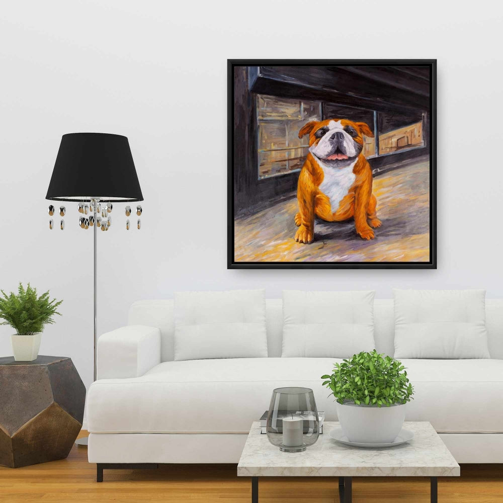 Smiling Bulldog Framed Canvas | Brown Animal Bedroom Decor