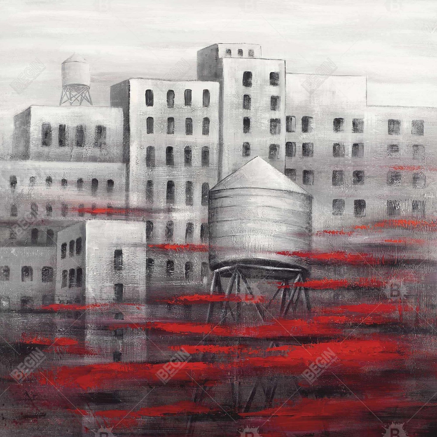 Gray City with Red Clouds Framed Canvas | Bedroom Wall Art