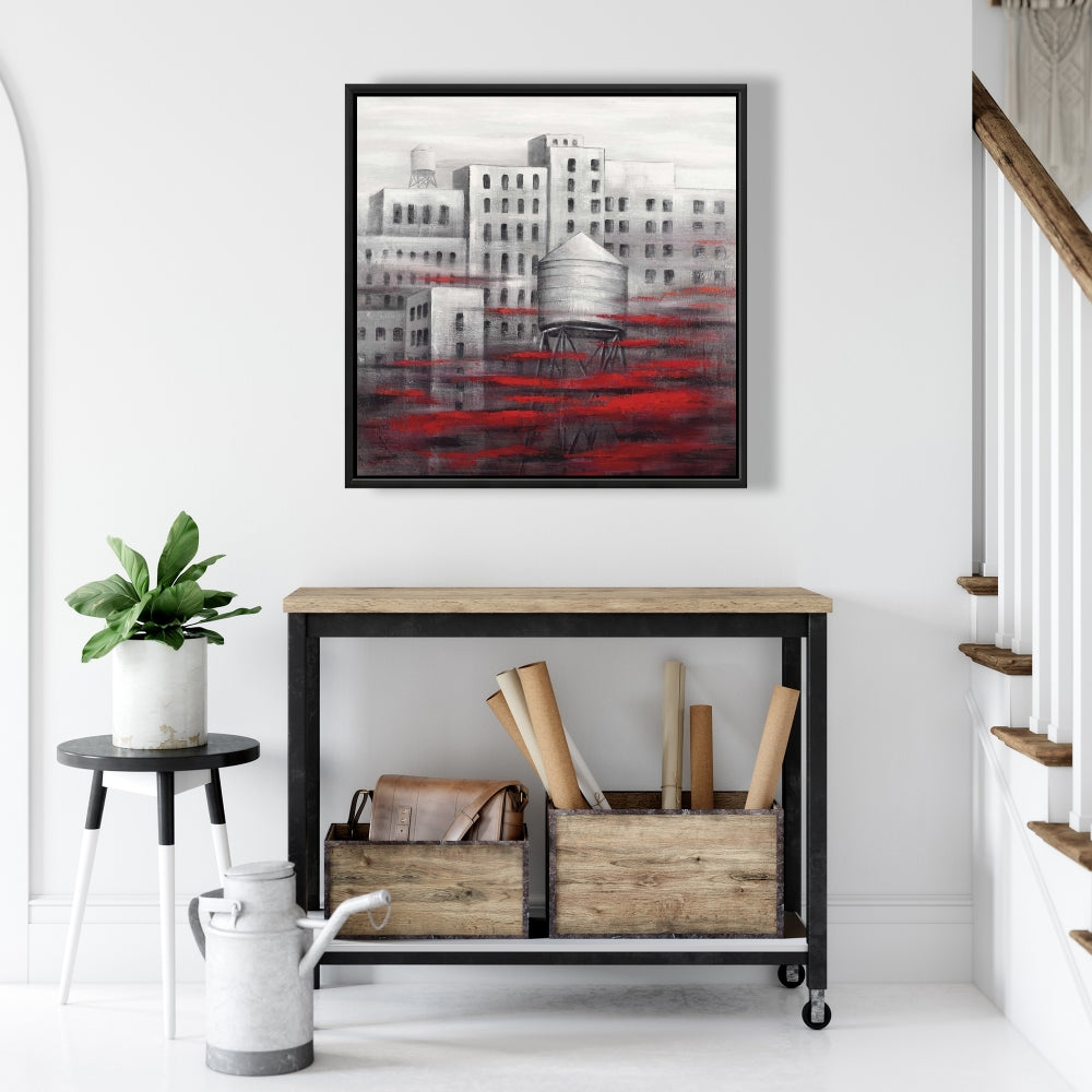 Gray City with Red Clouds Framed Canvas | Bedroom Wall Art