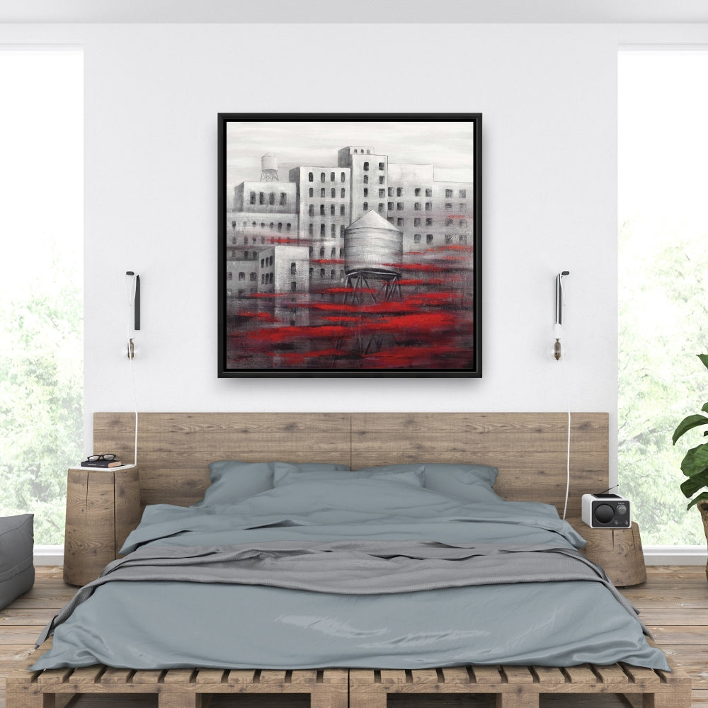Gray City with Red Clouds Framed Canvas | Bedroom Wall Art