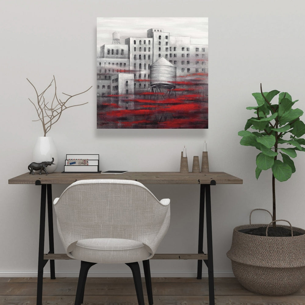 Gray City with Red Clouds Canvas | Contemporary Home Decor