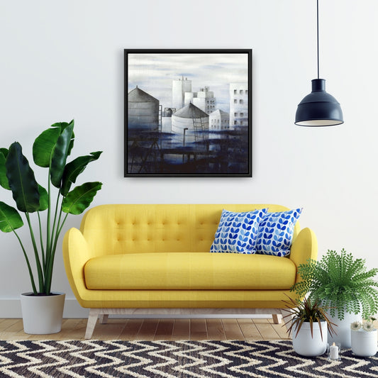 Toile « Ville grise aux nuages bleus » – Décoration d'intérieur contemporaine