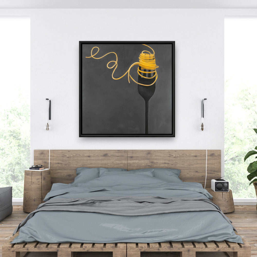 Spaghetti Pasta Fork Canvas | Gray Framed | Home Decor Art