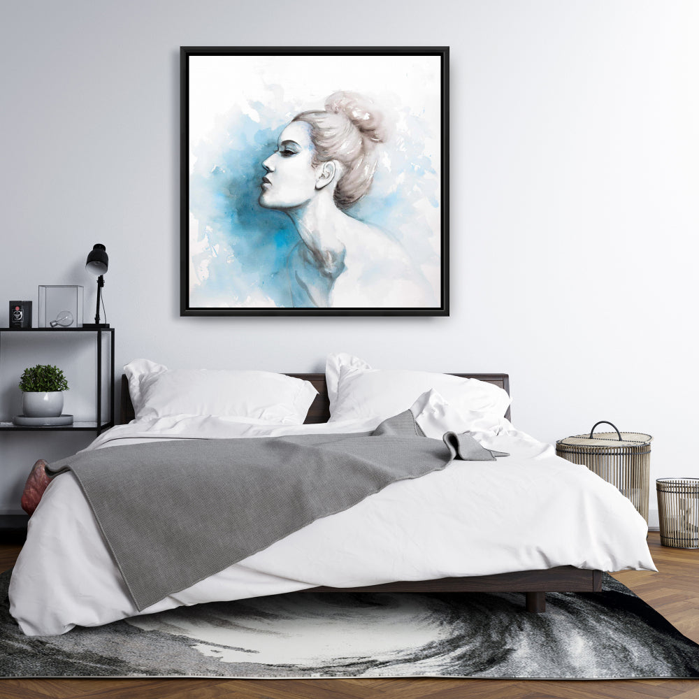 Watercolor Abstract Girl Canvas - Blue Frame Bedroom Decor