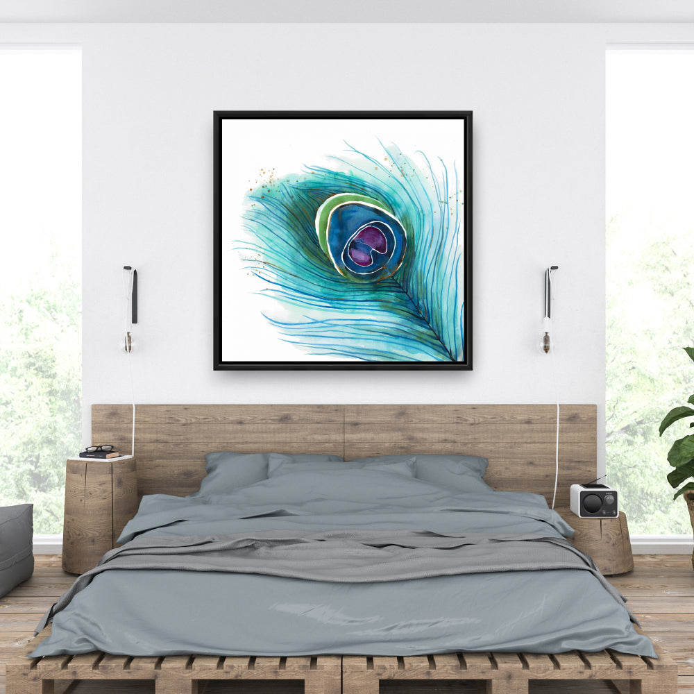 Toile représentant une plume de paon en gros plan – Décoration murale pour chambre d'oiseau