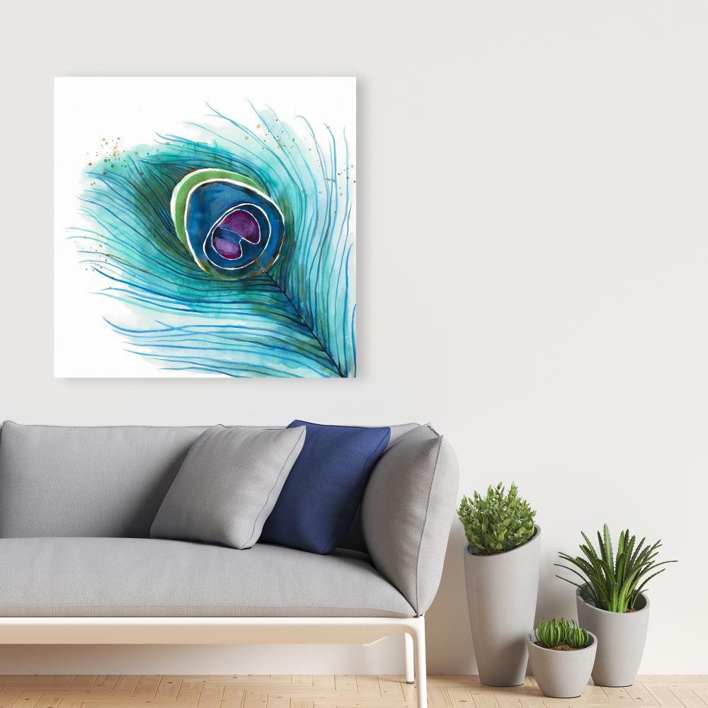 Peacock Feather Closeup Canvas | Bohemian Bird Blue Decor