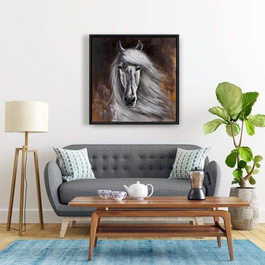 Proud White Horse Framed Canvas | Contemporary Bedroom Decor