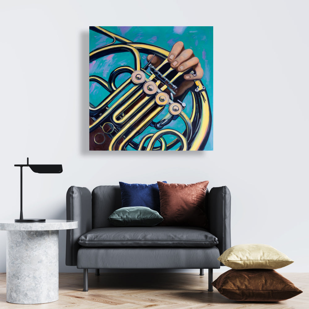 Toile murale jaune – Décor de musicien avec cor français