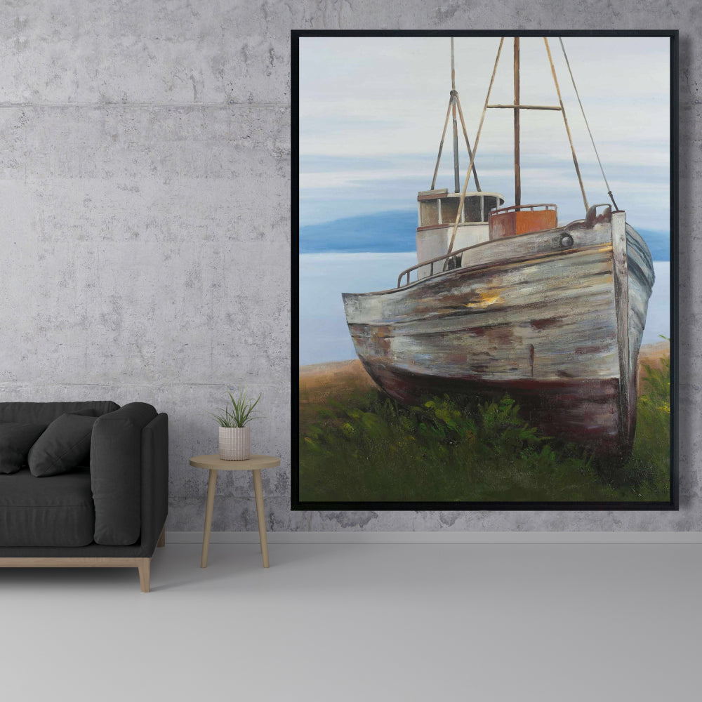 Toile de vieux bateau abandonné | Décoration murale encadrée de bateau bleu