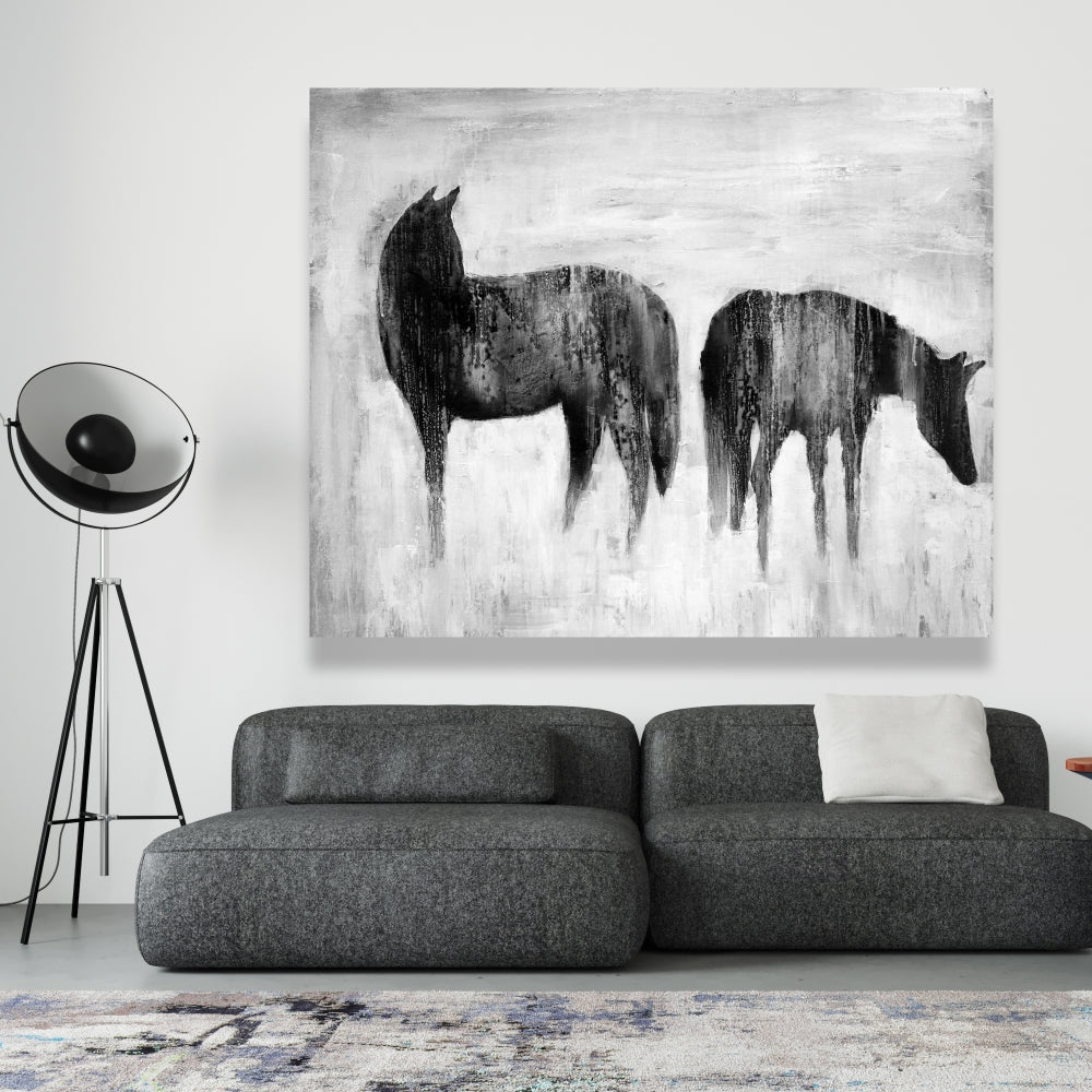 Horses Silhouettes in Mist - White Abstract Canvas Home Decor