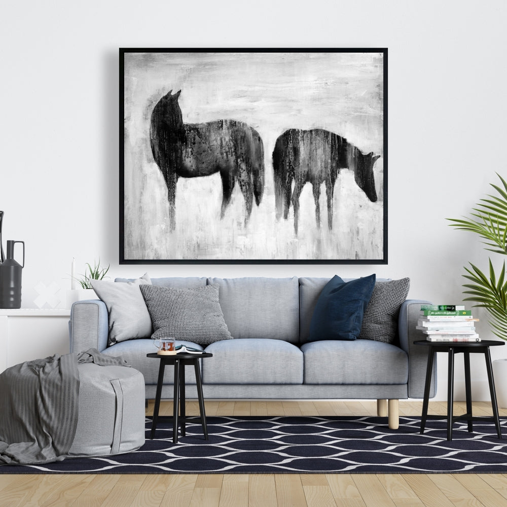 Horses Silhouettes in the Mist | Abstract Horse Canvas Decor