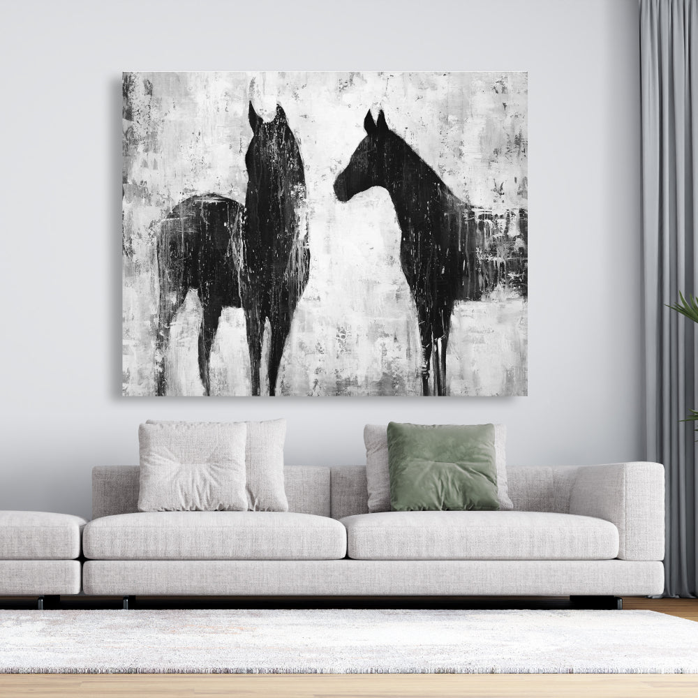 Black & White Horses Canvas - Farm Animal Home Decor Art