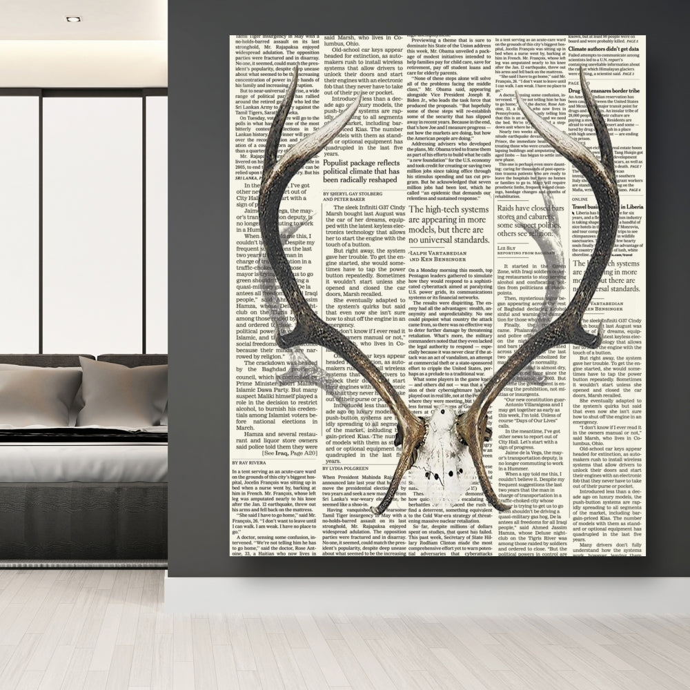 White Deer Canvas | Deer Horns with Newspaper Home Decor