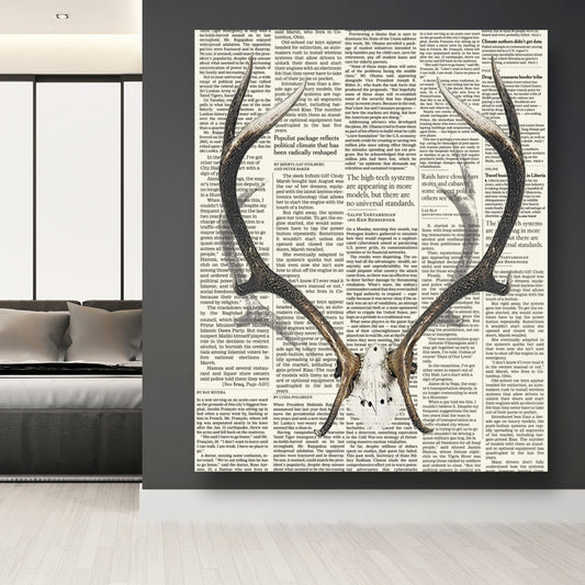 White Deer Canvas | Deer Horns with Newspaper Home Decor