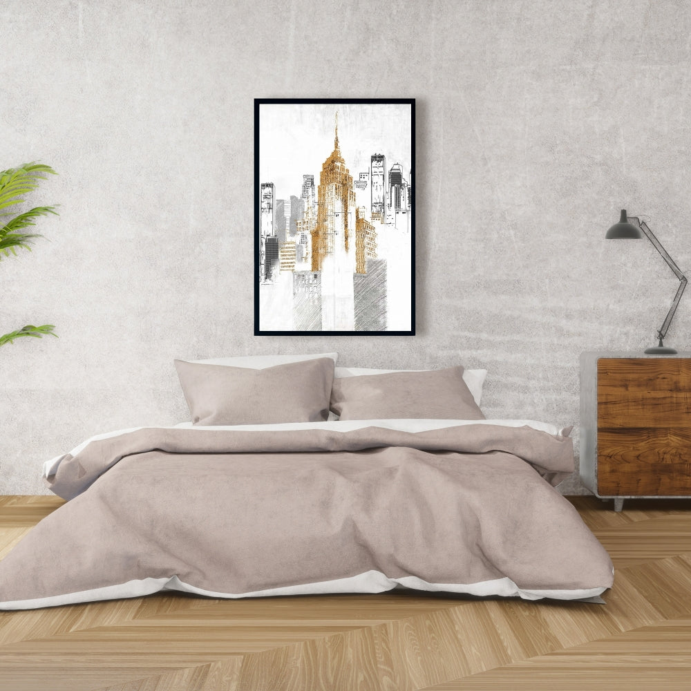 Blurry Sketch Cityscape White Framed Canvas | Home Decor Art