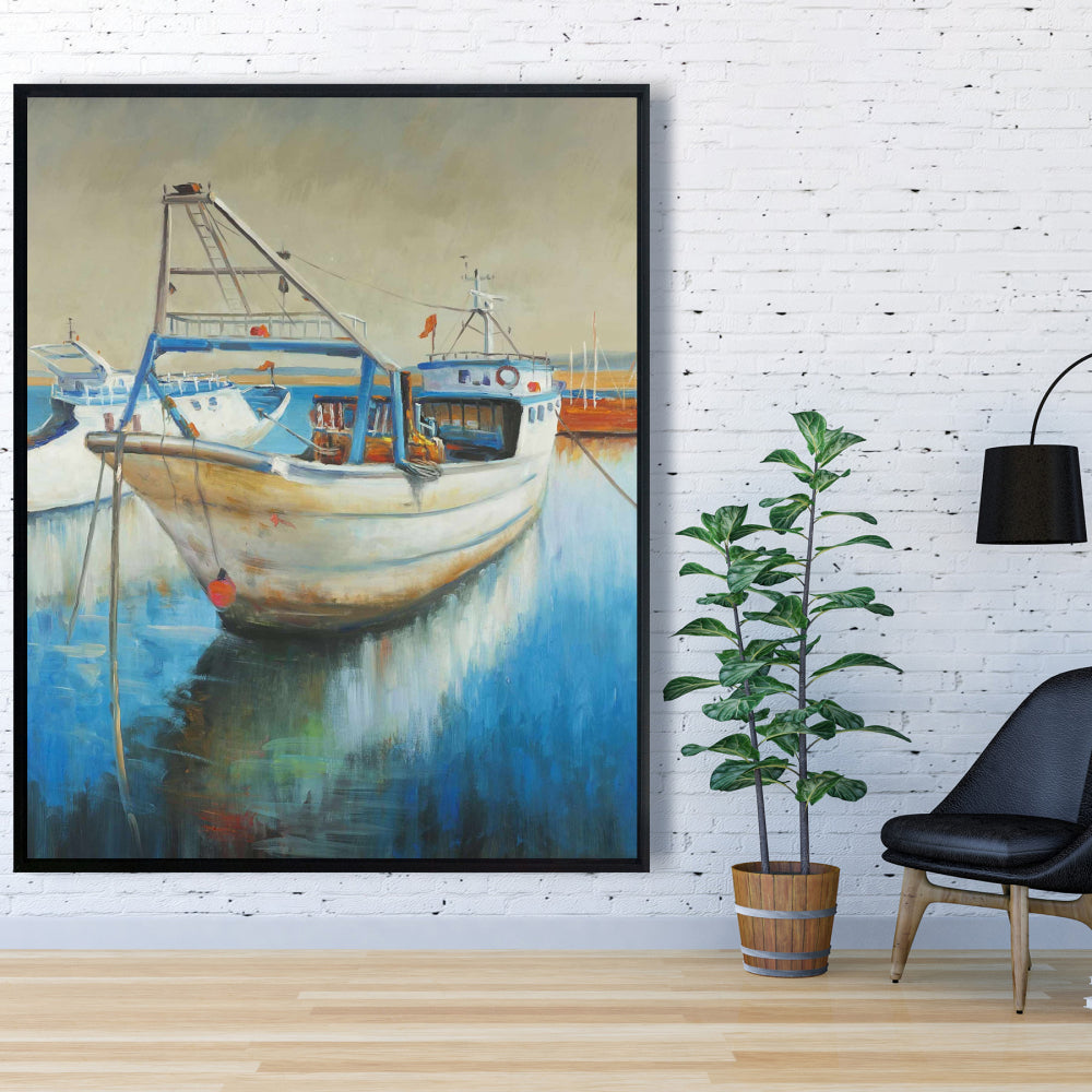 Fishing Boat Canvas | Blue Framed Art for Hobbies Bedroom