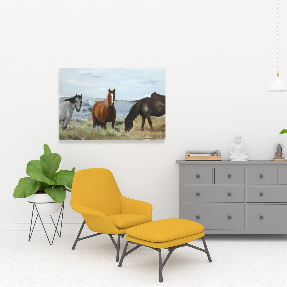 Rustic Bedroom Canvas | Horses Eating in Meadow Wall Art