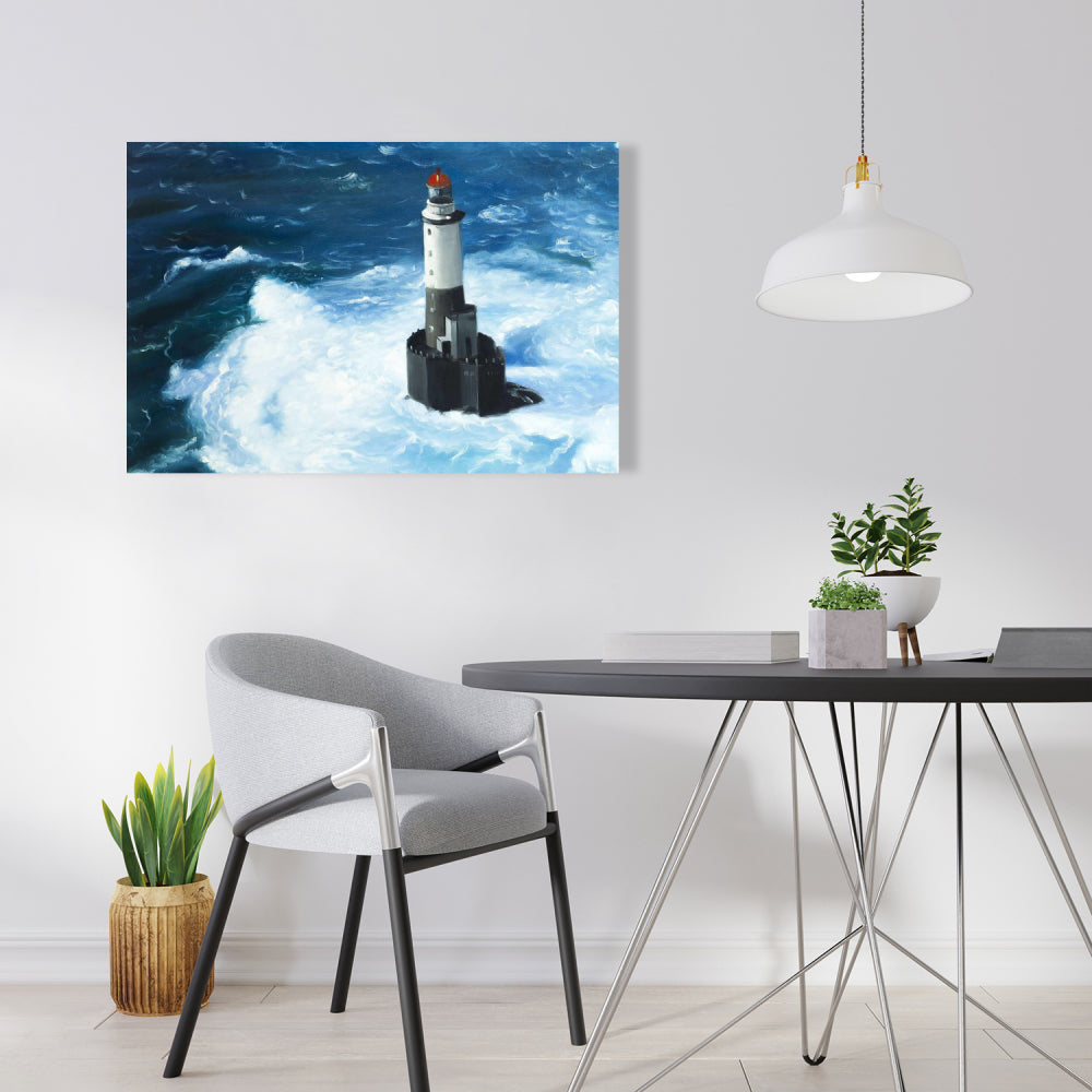 Unleashed Waves on a Lighthouse | Marine Blue Coastal Canvas