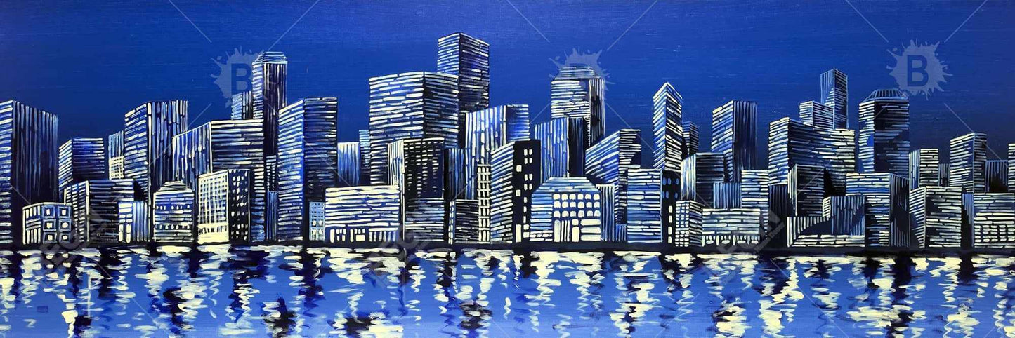 City in Blue Framed Canvas - Blue City Bedroom Wall Art Decor