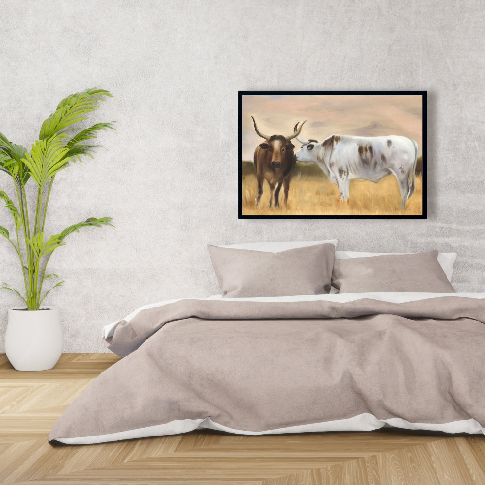 Toile encadrée « Troupeau de Nguni » – Décoration de chambre à coucher avec animaux de la ferme