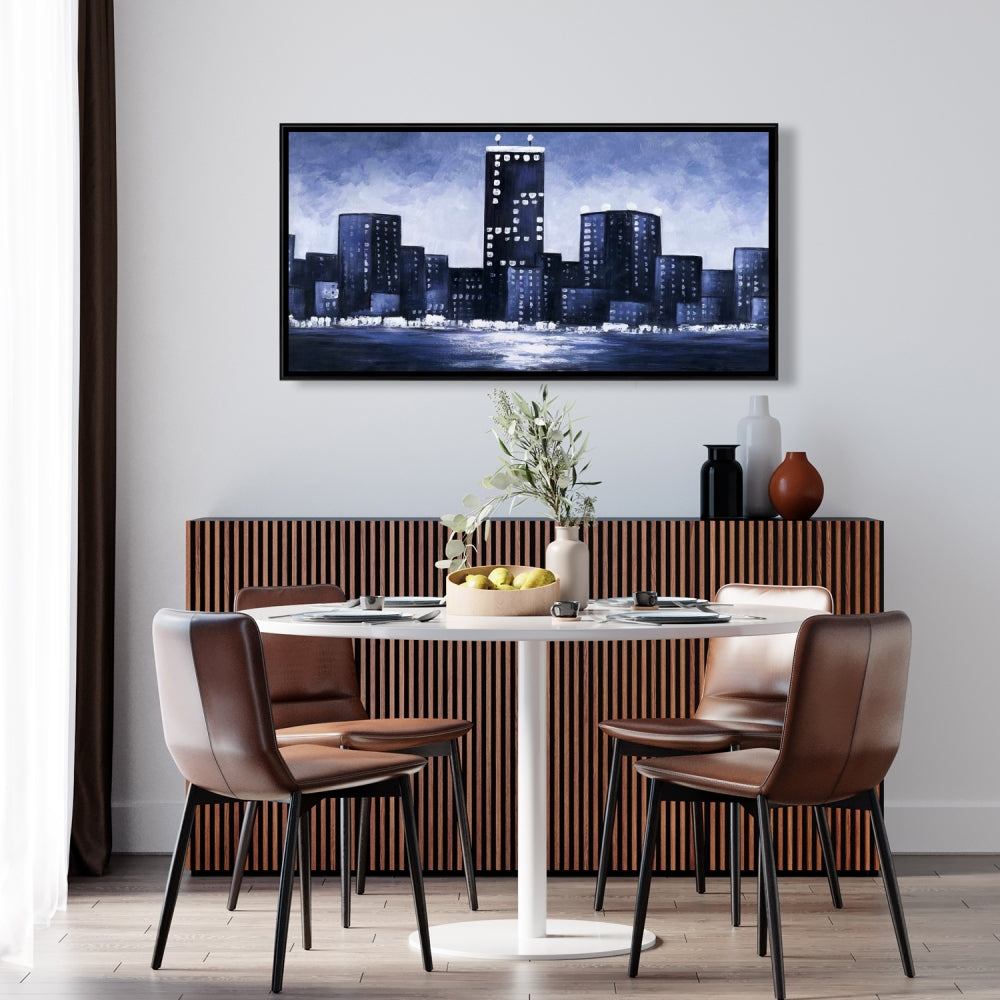 Toile Paysage urbain bleu foncé | Décoration murale encadrée pour chambre