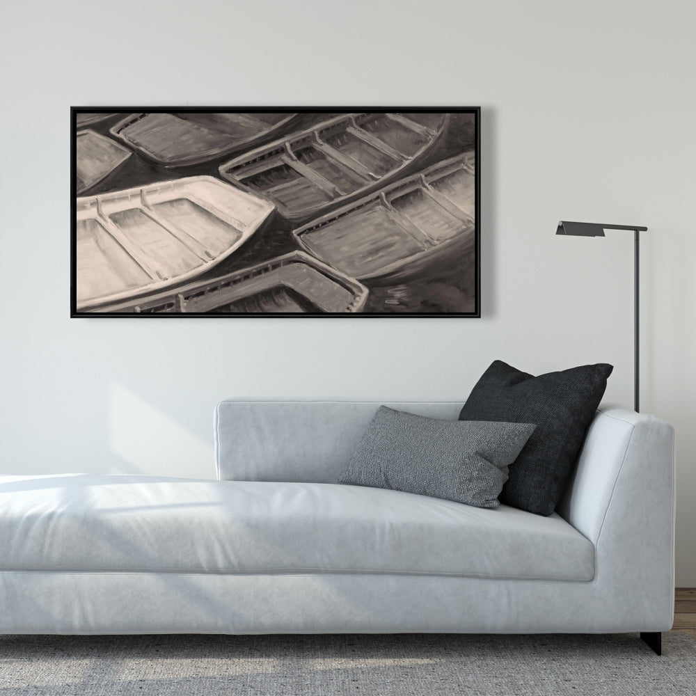 Small Canoes Sepia Style | Coastal Boat Canvas Home Decor