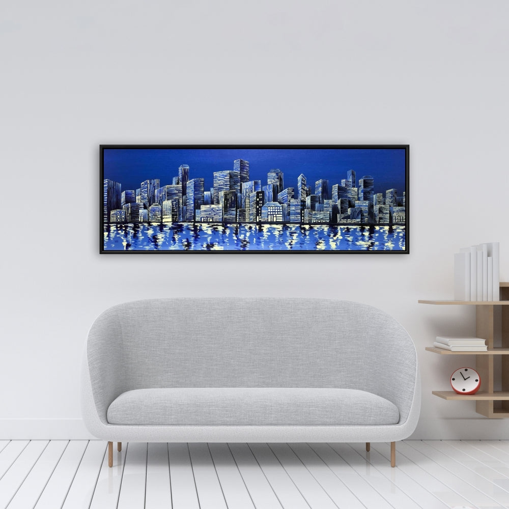 City in Blue Framed Canvas - Blue City Bedroom Wall Art Decor