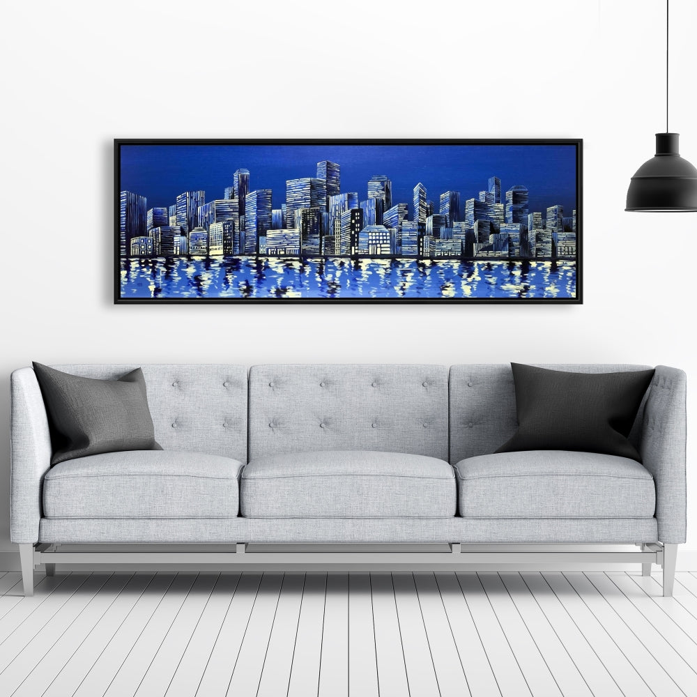 City in Blue Framed Canvas - Blue City Bedroom Wall Art Decor